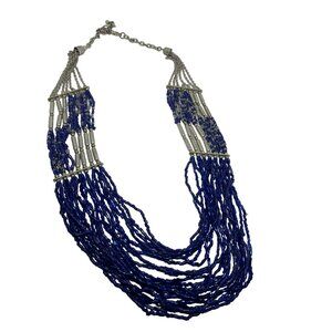 Vintage Multi-Strand Blue & Silver Beaded Boho Necklace Womens Needs Repair